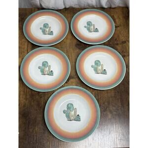 5 MEIWA Southwest CACTUS Green/Orange DESERT SCENE 8" SIDE SALAD PLATES Set Rare